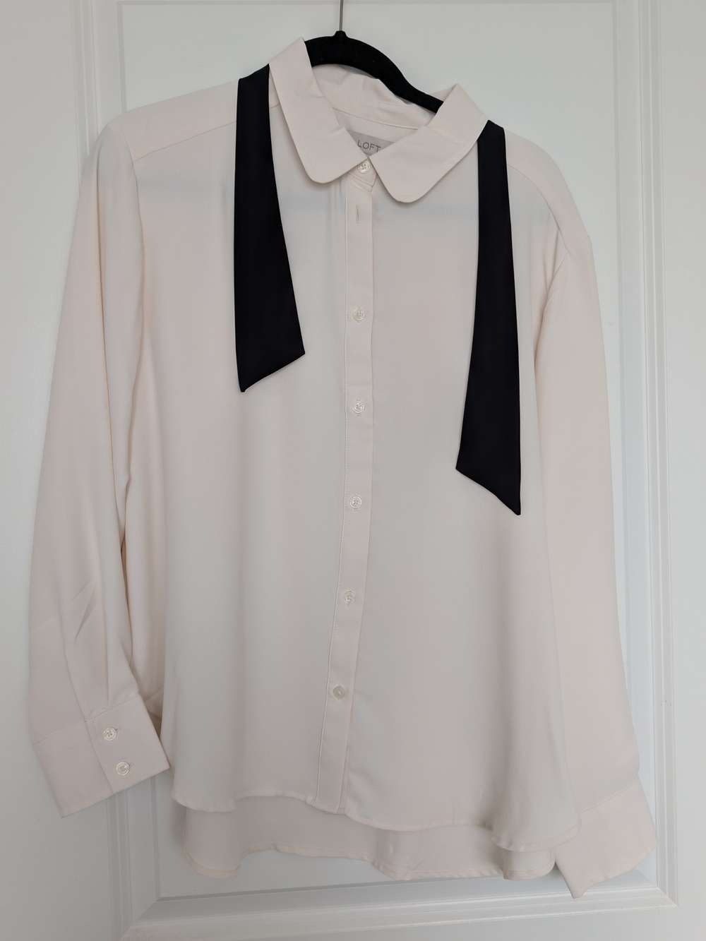 LOFT Cream Blouse with Black Tie Neck